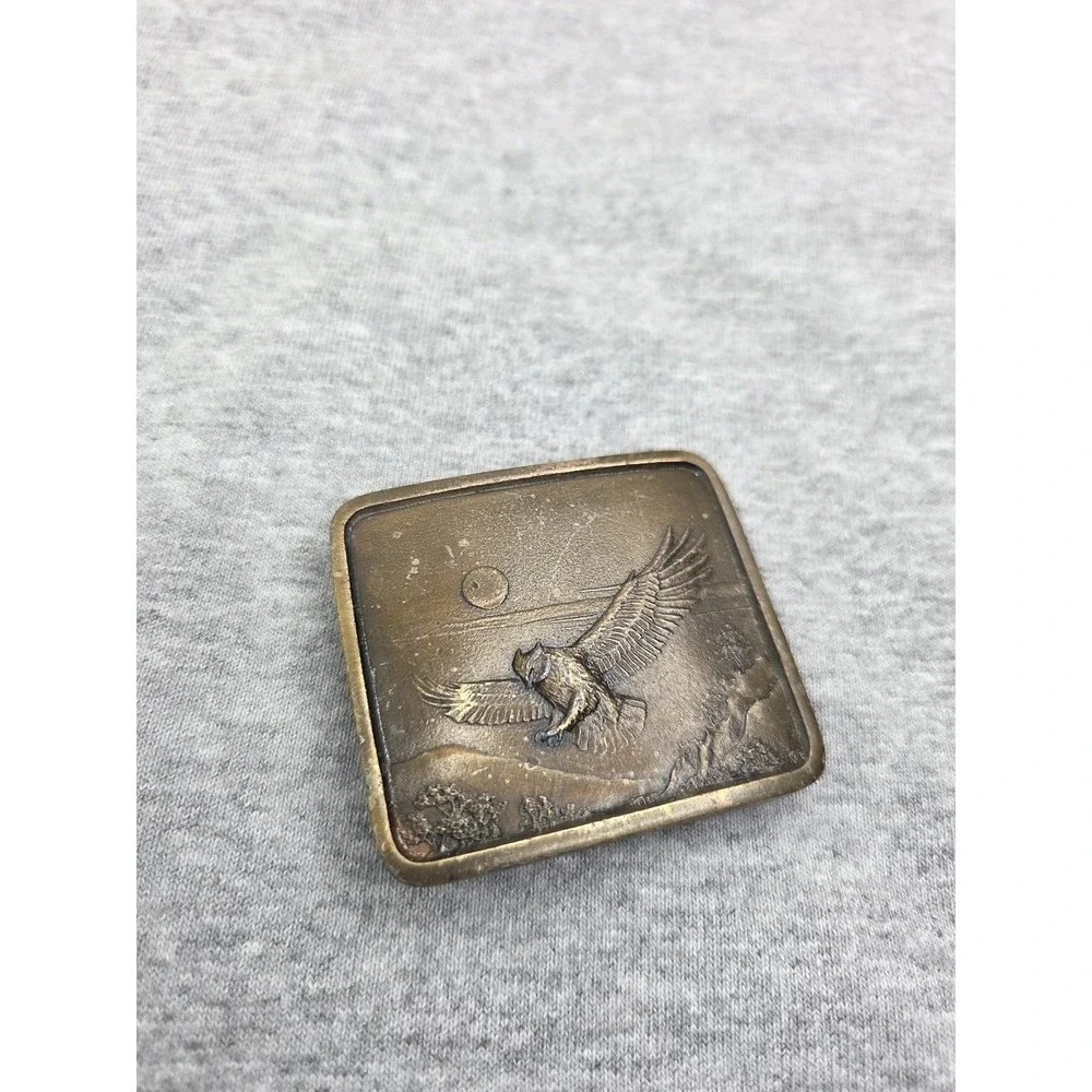 Vintage 1977 Solid Brass Great Horned Owl Moon Belt Buckle Indiana Metal Craft